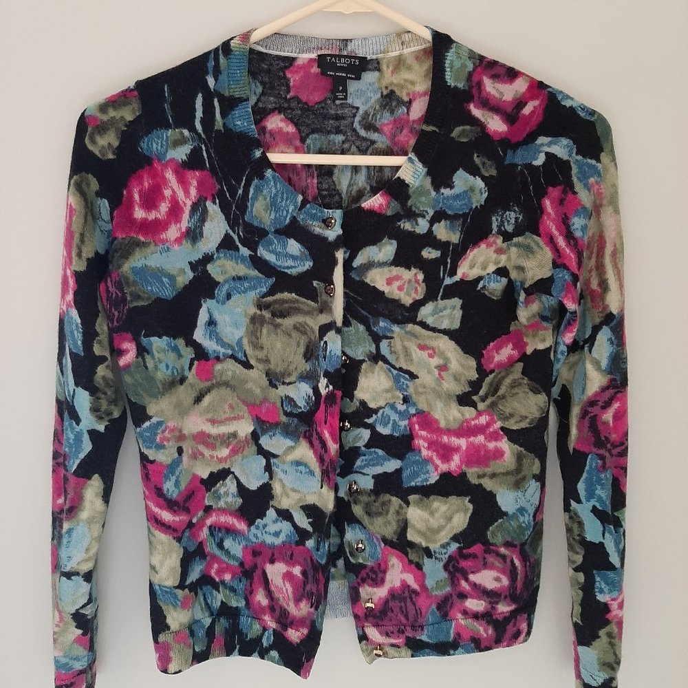 talbots petites SP 100% merino wool floral cardigan